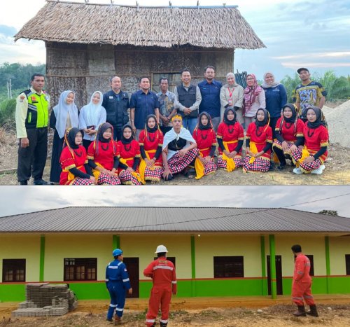 Teks Foto: Tim SKK Migas bersama PT EMP Energi Riau berada di depan bangunan lama (atas) dan bangunan baru yang masih tahap finishing (bawah).